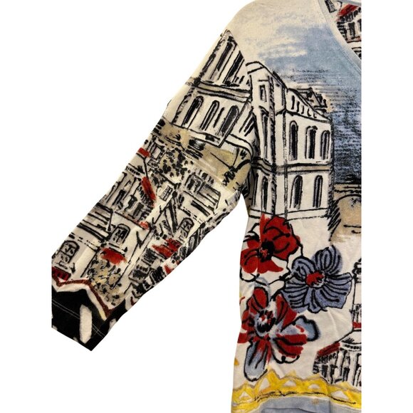 Chicos Multicolor Cityscape & Floral Print V-Neck Cotton 3/4 Sleeve Womens Top S - Picture 4 of 8